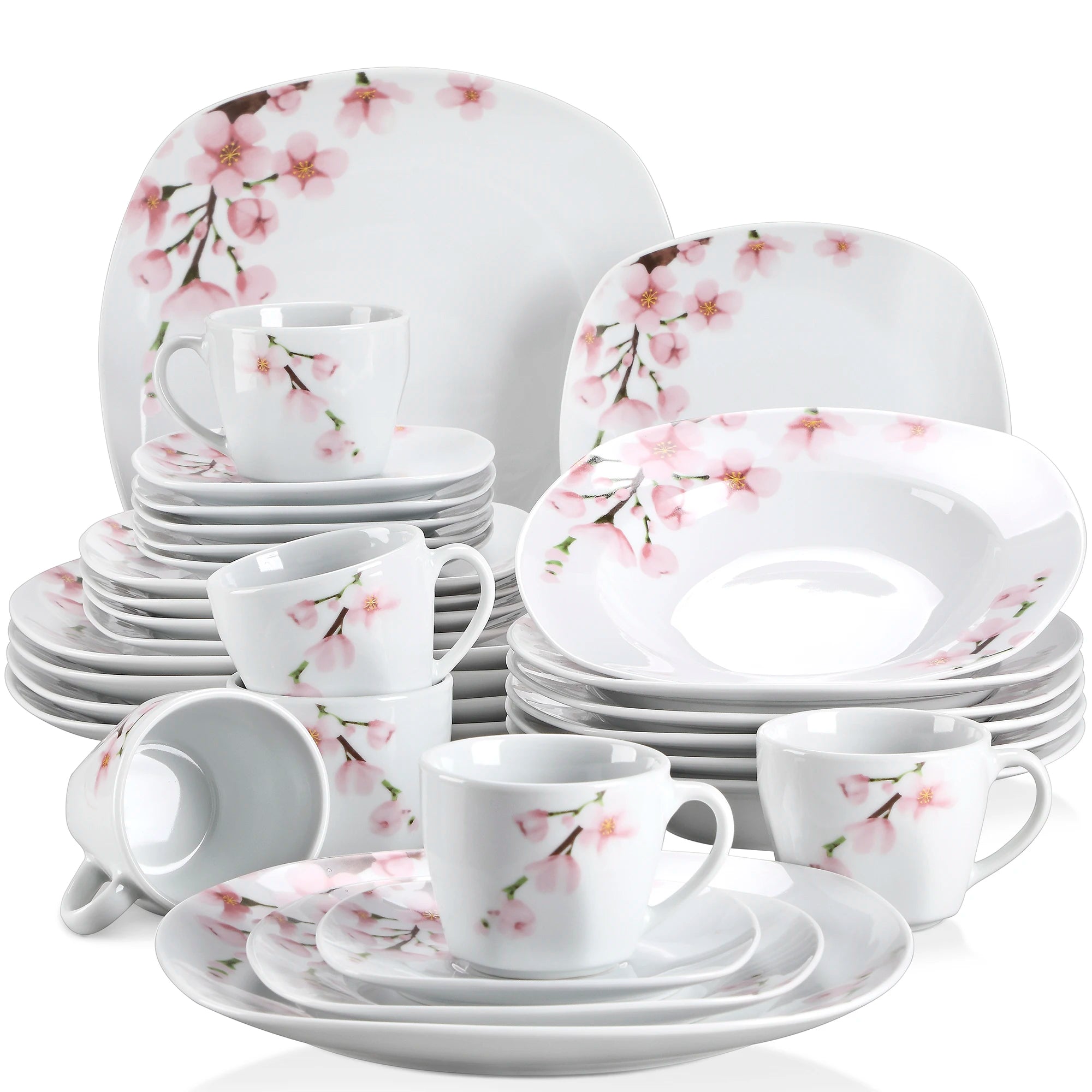 60-Piece White  Pink Floral Porcelain Plate Set