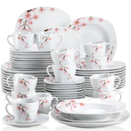 60-Piece White  Pink Floral Porcelain Plate Set