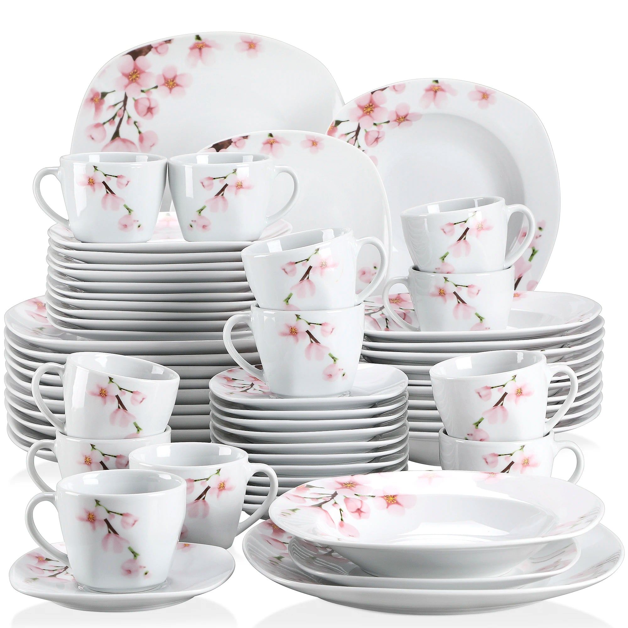 60-Piece White  Pink Floral Porcelain Plate Set