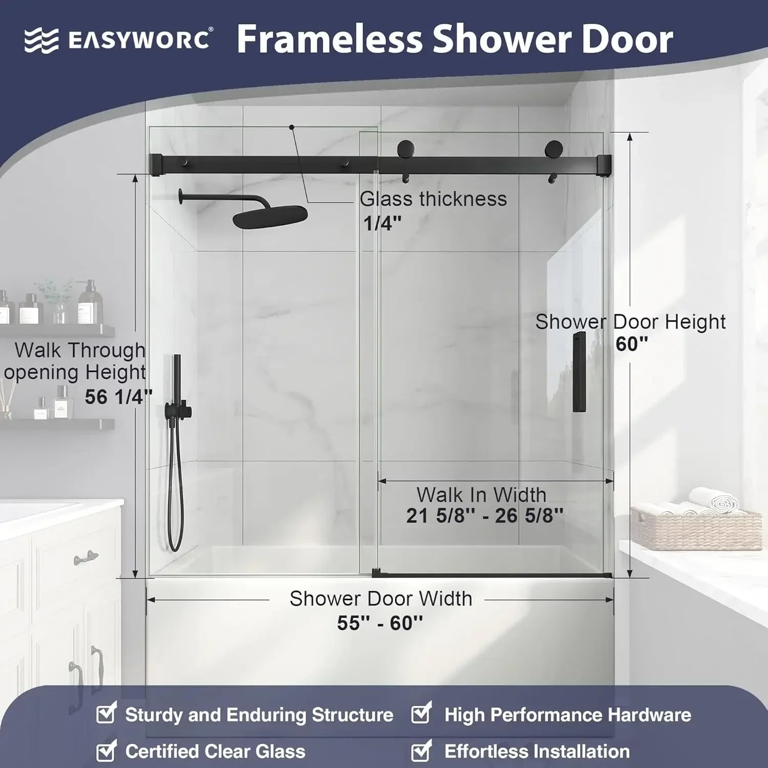 Frameless Bathtub Sliding Shower Door - 60" W