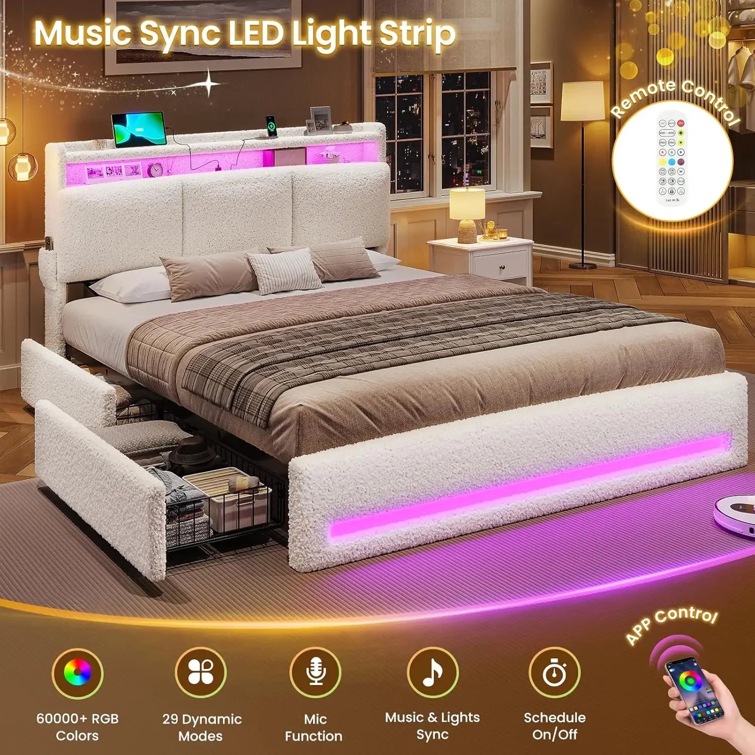 Full Size Bed Frame with Storage Headboard