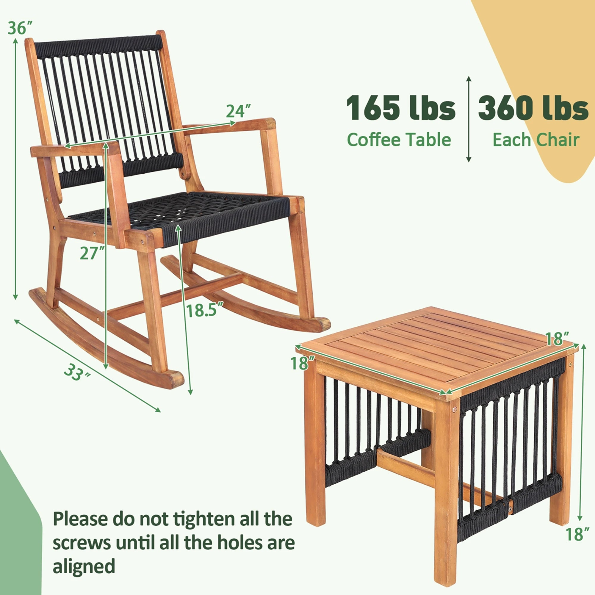 3pc Patio Wood Bistro Table  & Rocking Chair