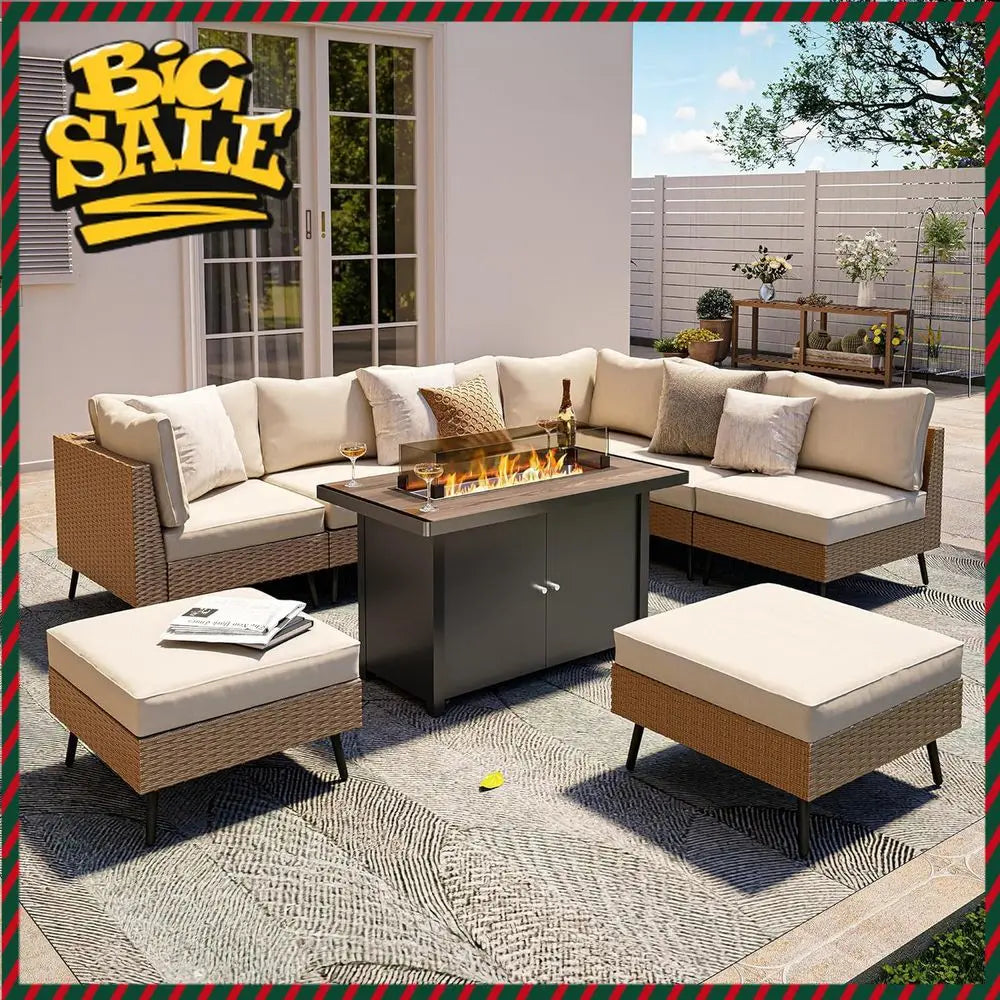 9-Piece Outdoor Patio Furniture Set with 43" Gas Fire Pit