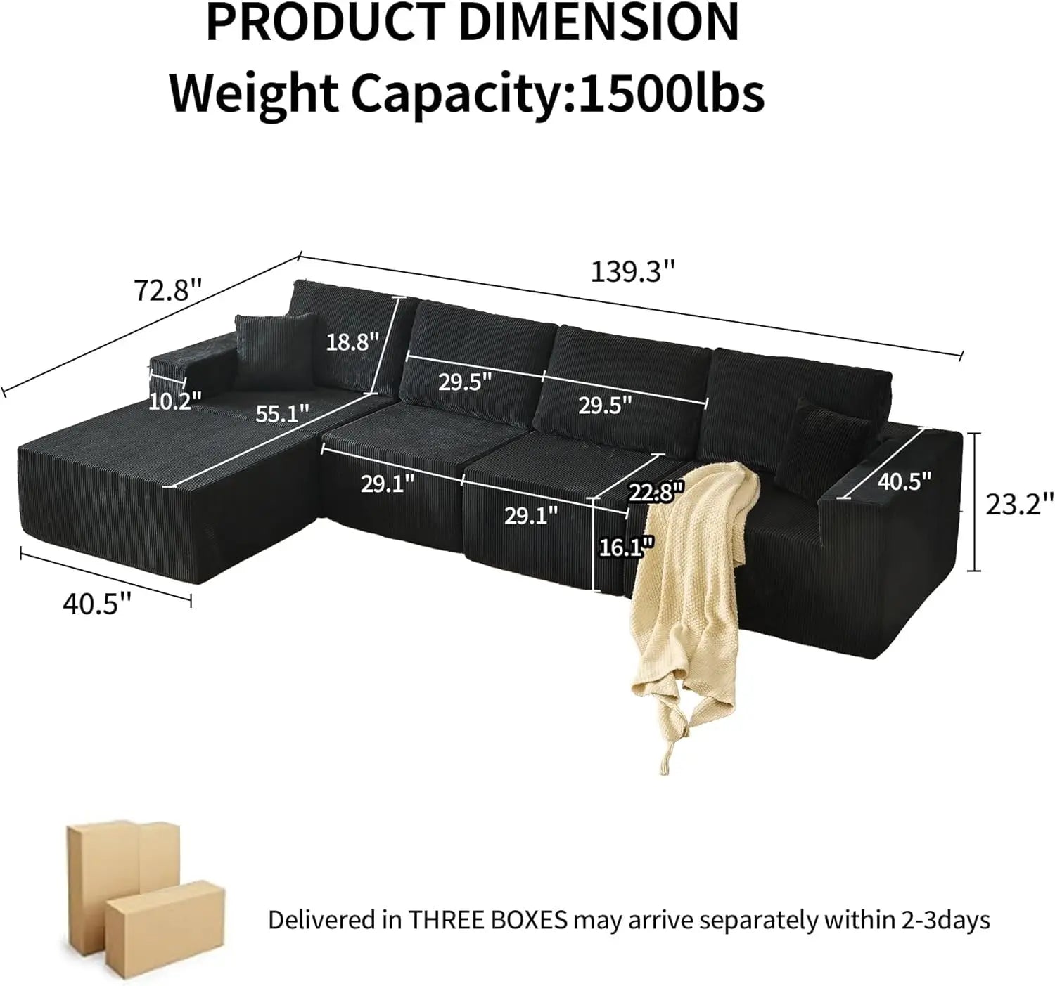 139" Sectional L-Shape Sofa With Chaise