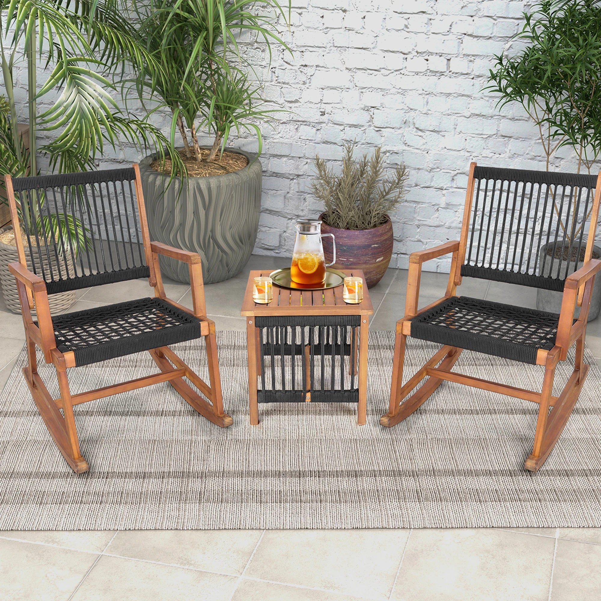 3pc Patio Wood Bistro Table  & Rocking Chair