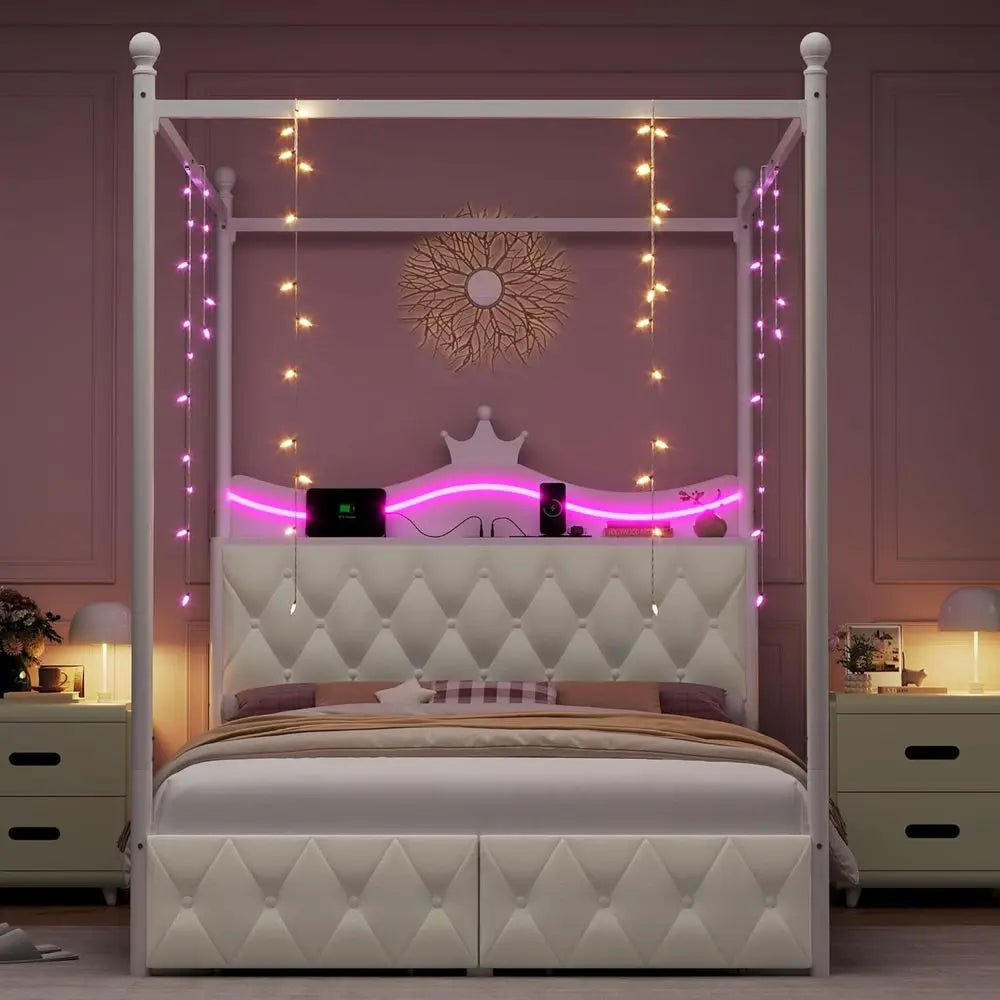 Upholstered LED Canopy Bed Frame