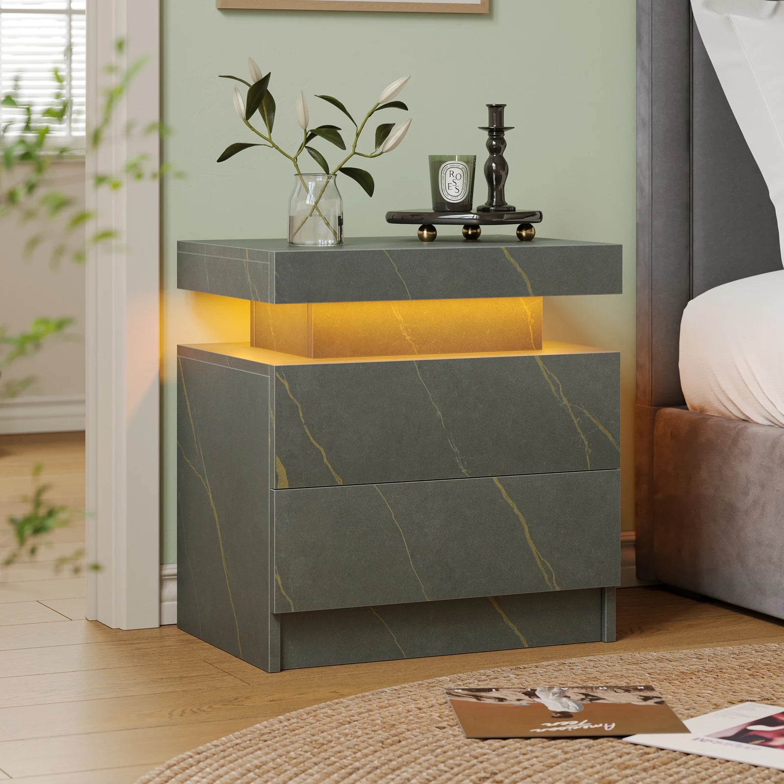 LED Nightstands With 2 Drawers, End Table