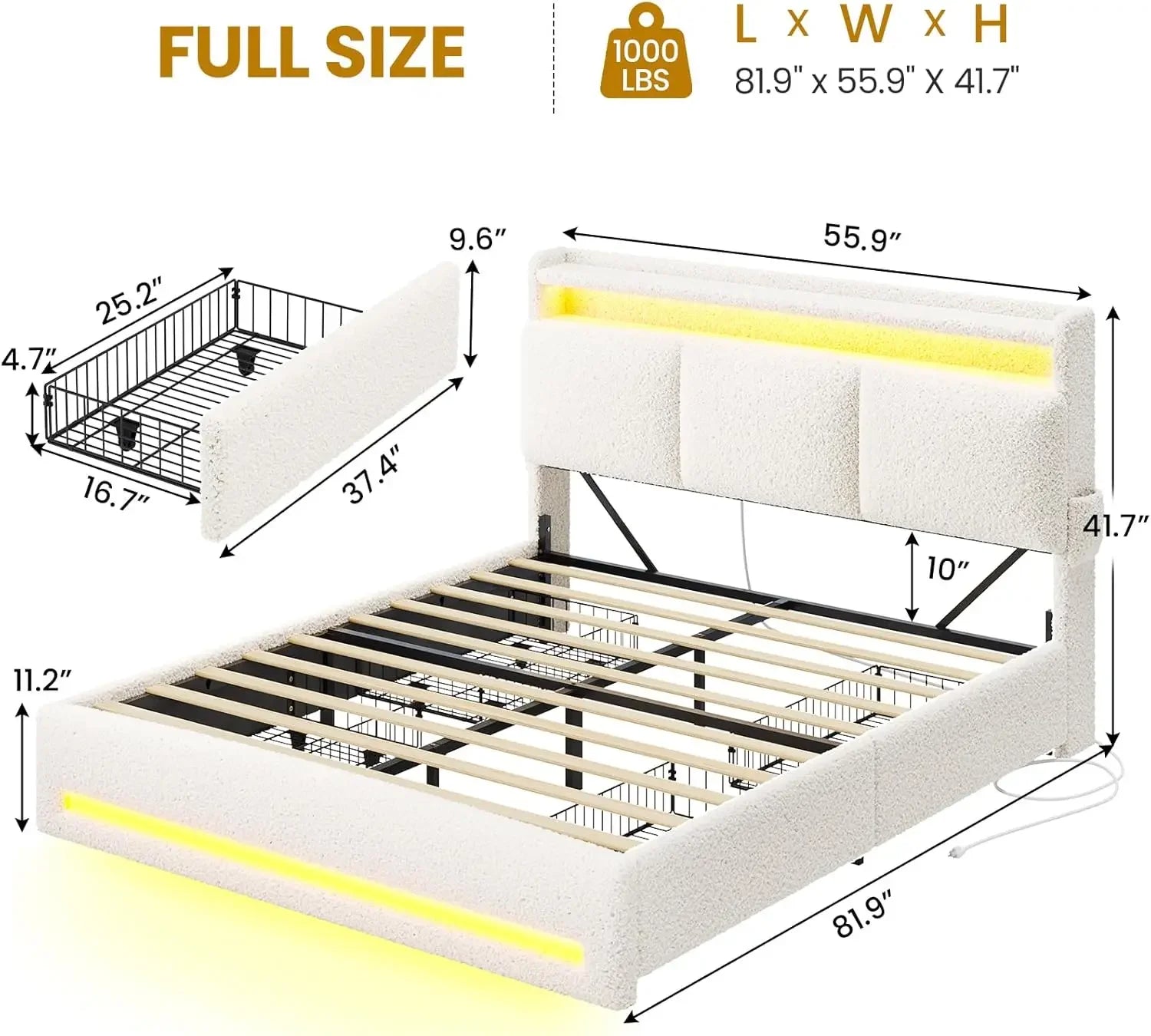 Full Size Bed Frame with Storage Headboard