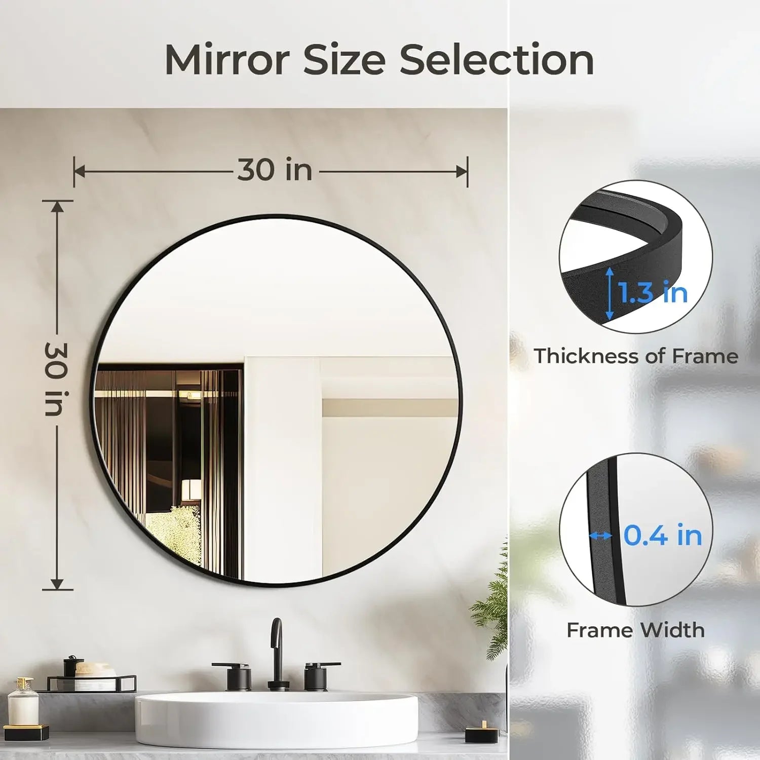 30" Round Bathroom Wall Mirror, Black