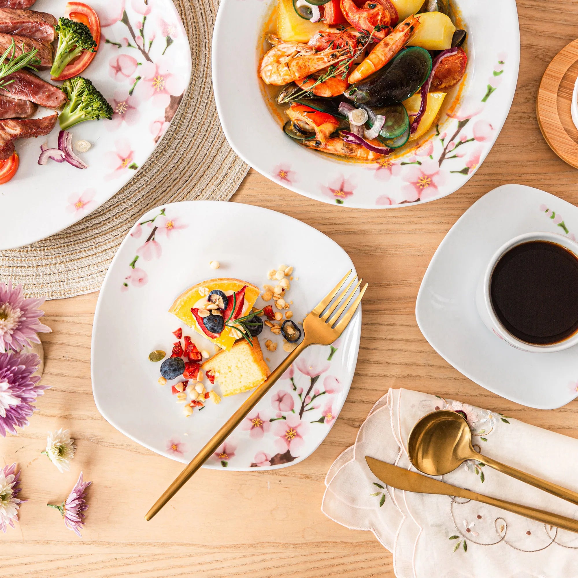 60-Piece White  Pink Floral Porcelain Plate Set