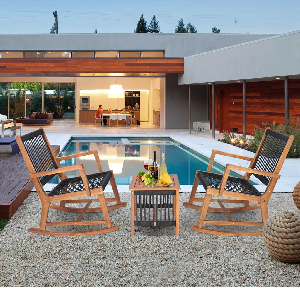 3pc Patio Wood Bistro Table  & Rocking Chair