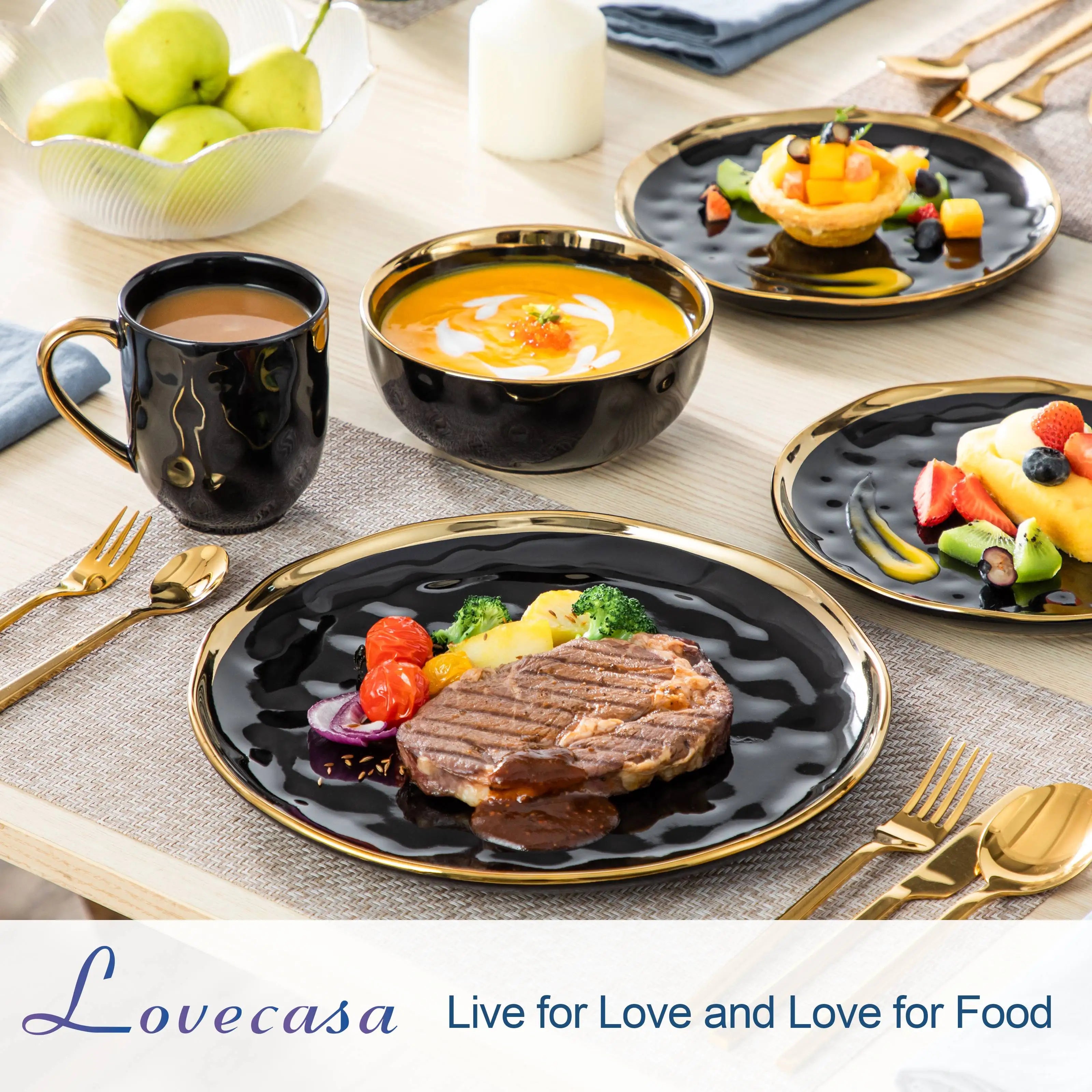 LOVECASA 16/32 Piece Black/Gold Porcelain Dinnerware Set