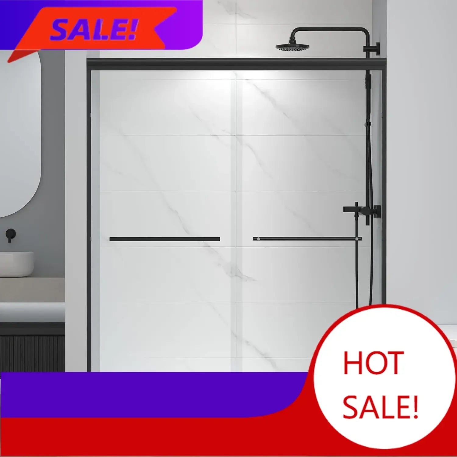 56-60" W x 72" H Semi-Frameless Sliding Shower Door Matte Black