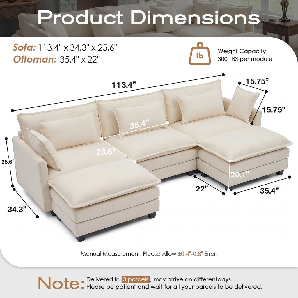 113.4" Modular Sectional Sofa with Ottoman