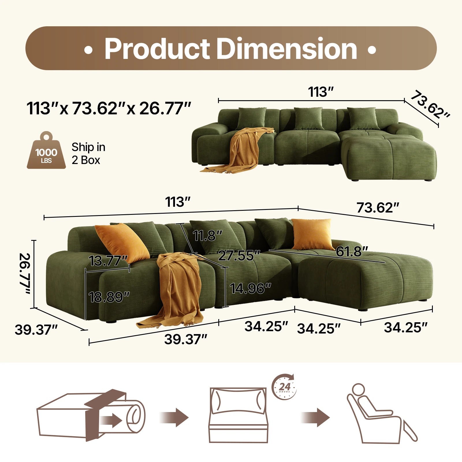 113"  L-Shaped Modular Sectional Sofa And Ottoman