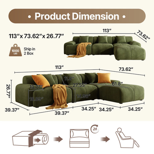 113"  L-Shaped Modular Sectional Sofa And Ottoman
