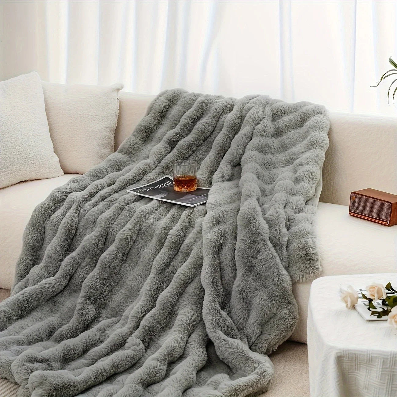 Cozy Faux Rabbit Fleece Throw Blanket