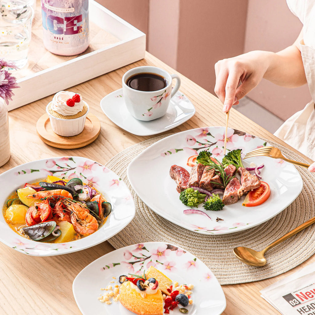 60-Piece White  Pink Floral Porcelain Plate Set