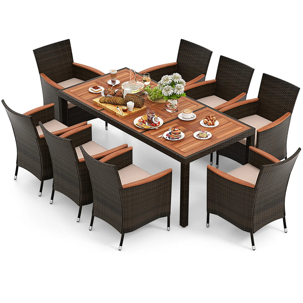 9PC Patio Wicker Dining Set Acacia Wood Table Top