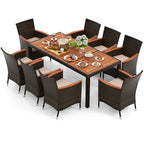 9PC Patio Wicker Dining Set Acacia Wood Table Top