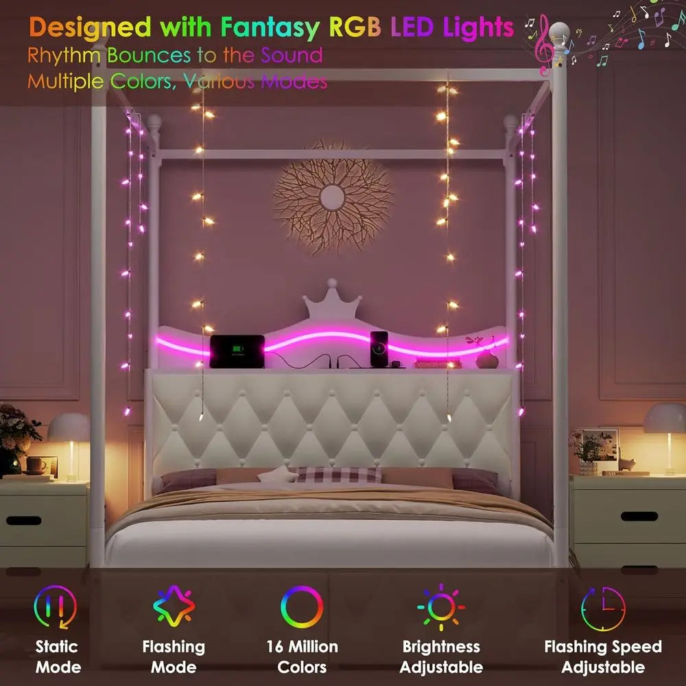 Upholstered LED Canopy Bed Frame