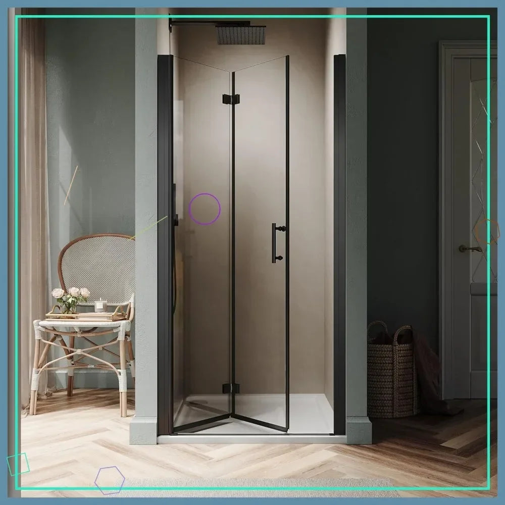 Semi-Frameless Bi-Fold Shower Door 35.5-37" W x 72" H, Reversible, Matte Black