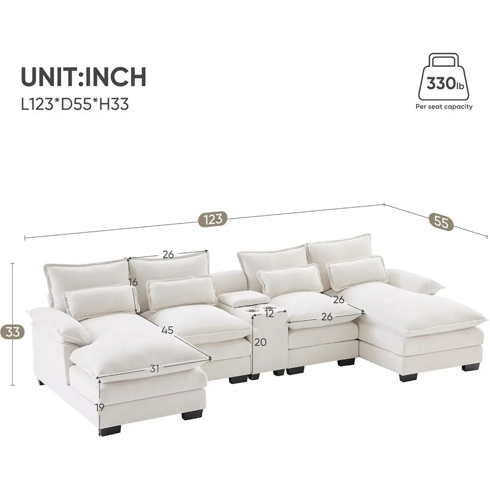 6-Seat U-Shaped Sofa With Cup Holders