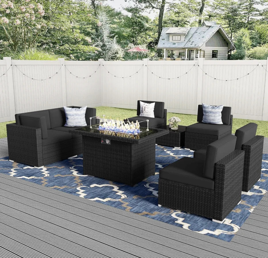 8 Pc wicker Patio Set w/ 44" Propane Fire Pit Table