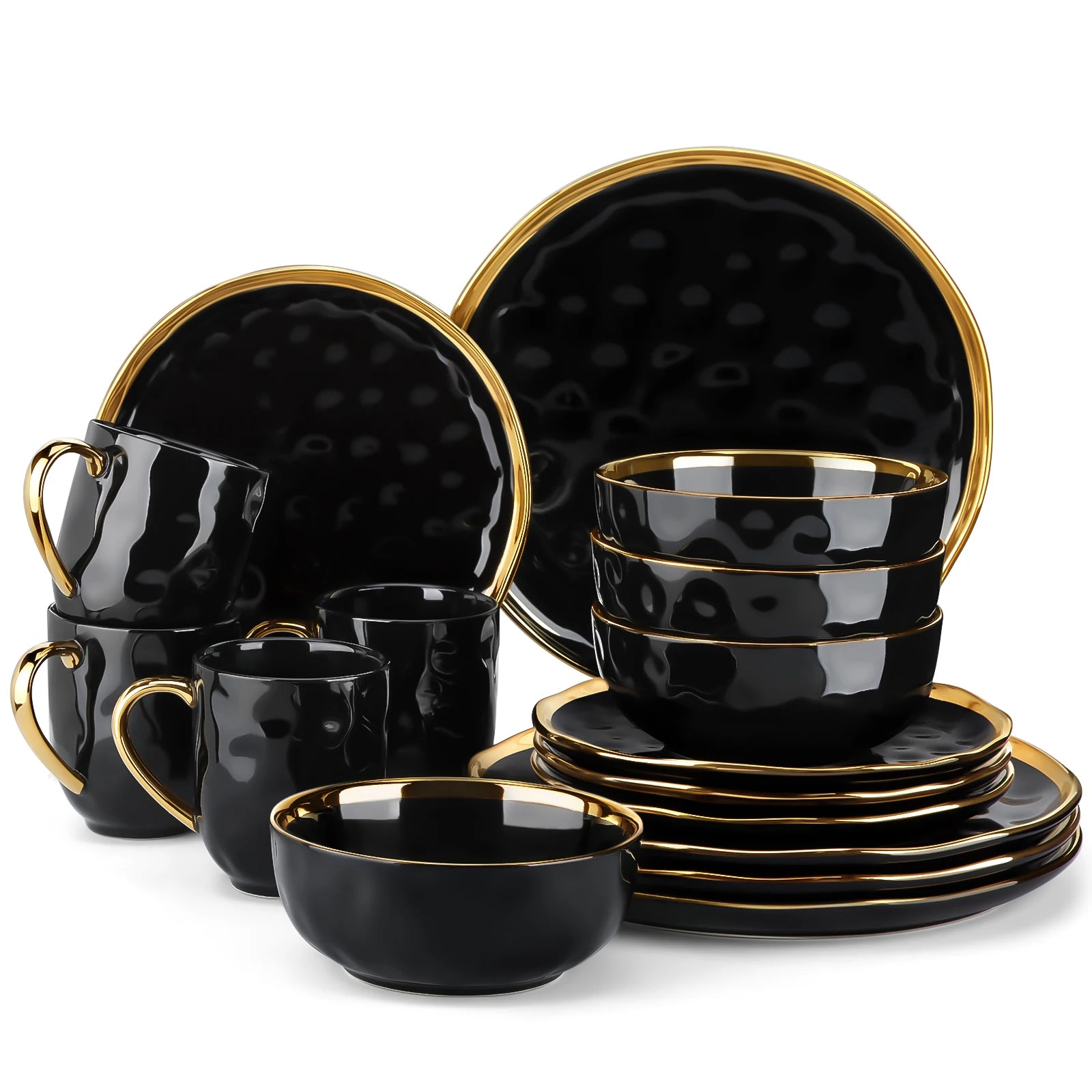 LOVECASA 16/32 Piece Black/Gold Porcelain Dinnerware Set