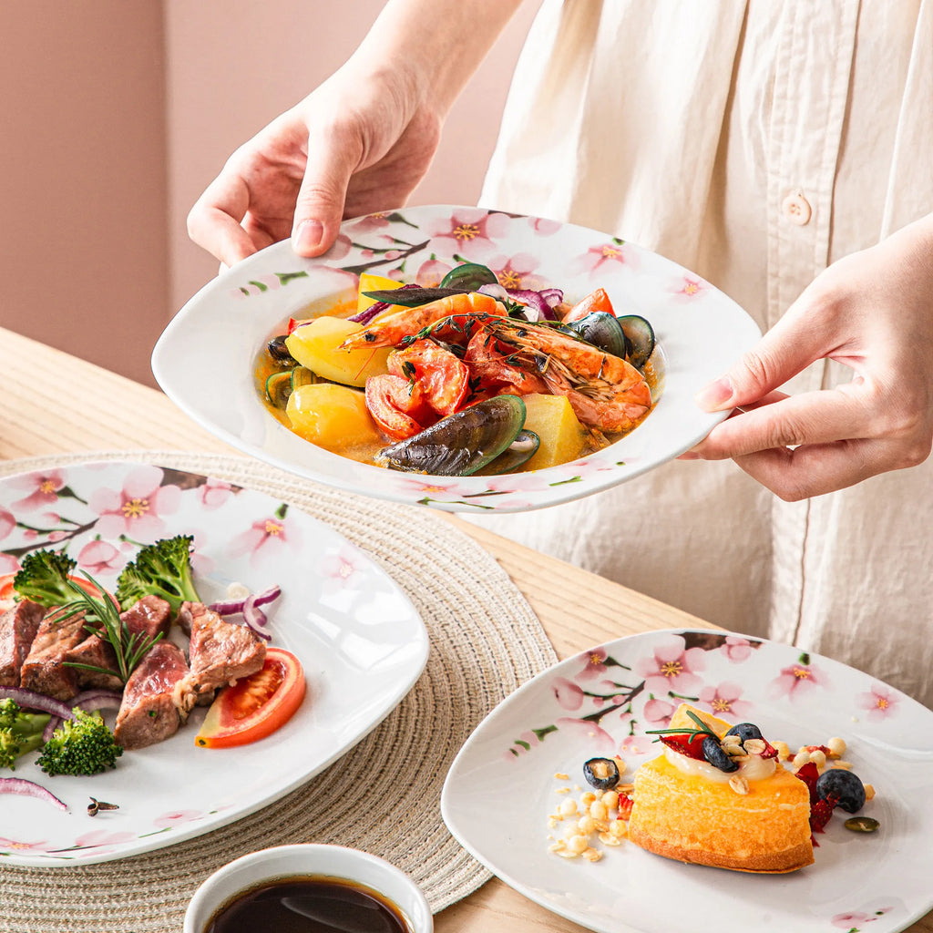60-Piece White  Pink Floral Porcelain Plate Set