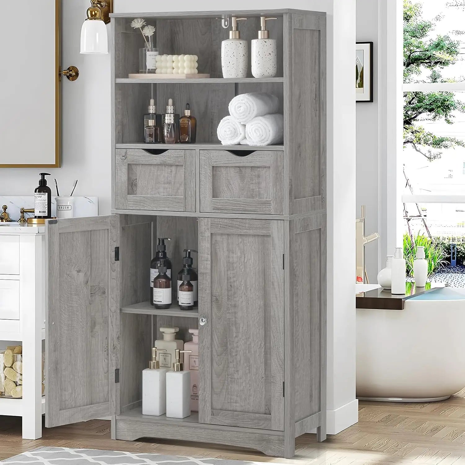 Tall Grey Storage Cabinet with 2 Drawers