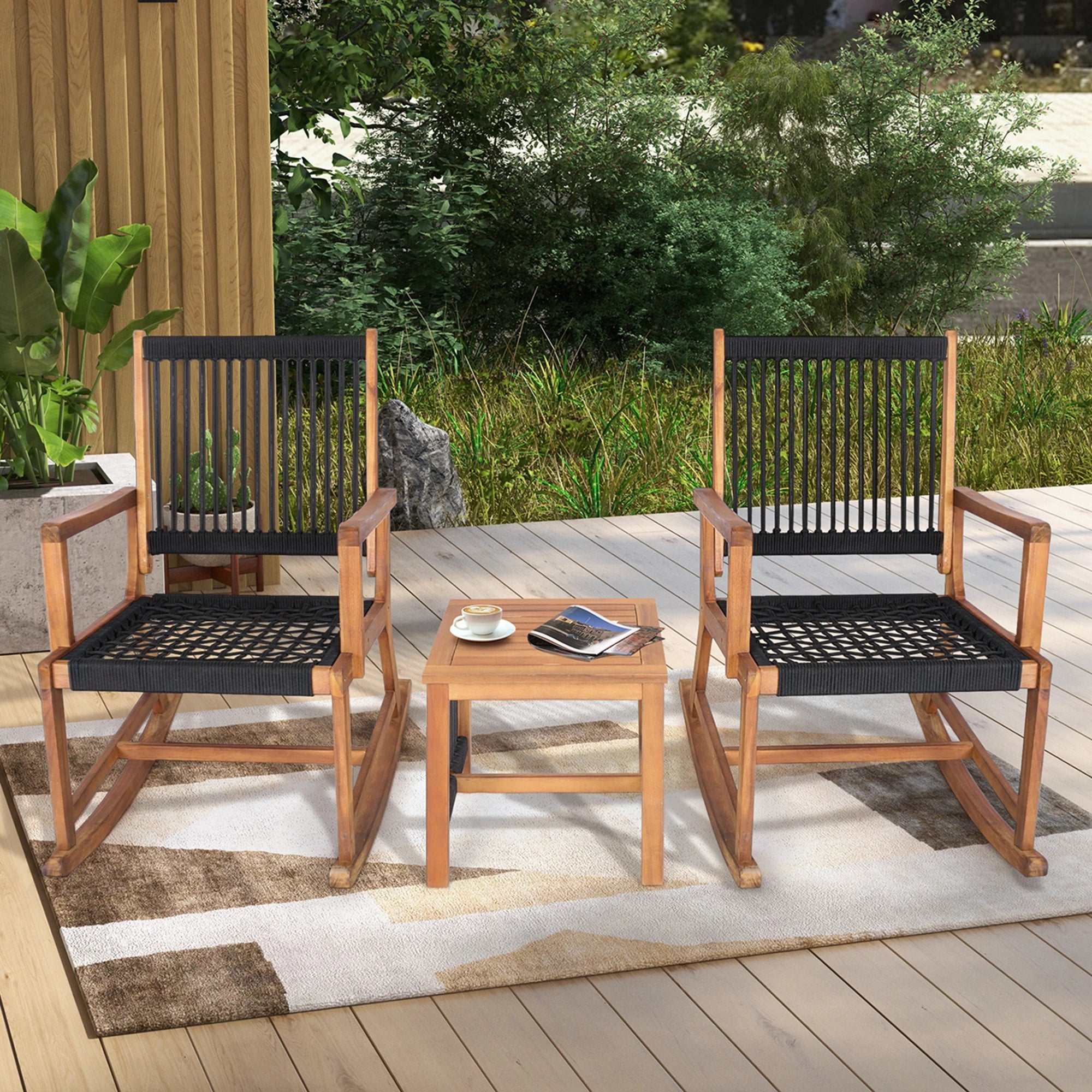 3pc Patio Wood Bistro Table  & Rocking Chair