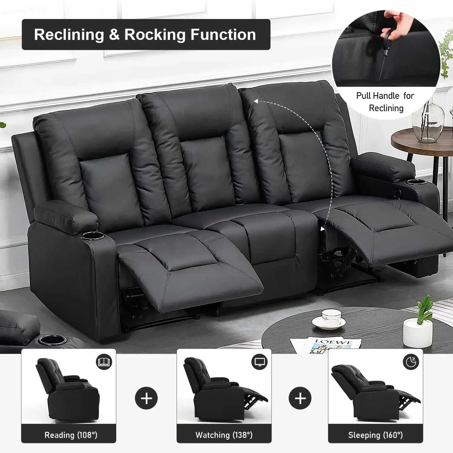 Leather Recliner Chair Set, Black