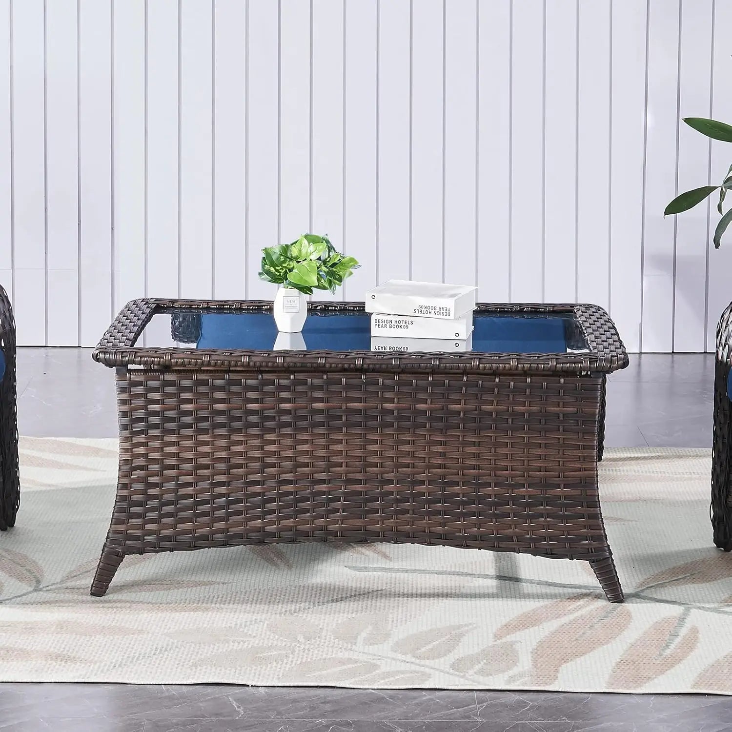 Patio Coffee Rattan Rectangular Glass Table