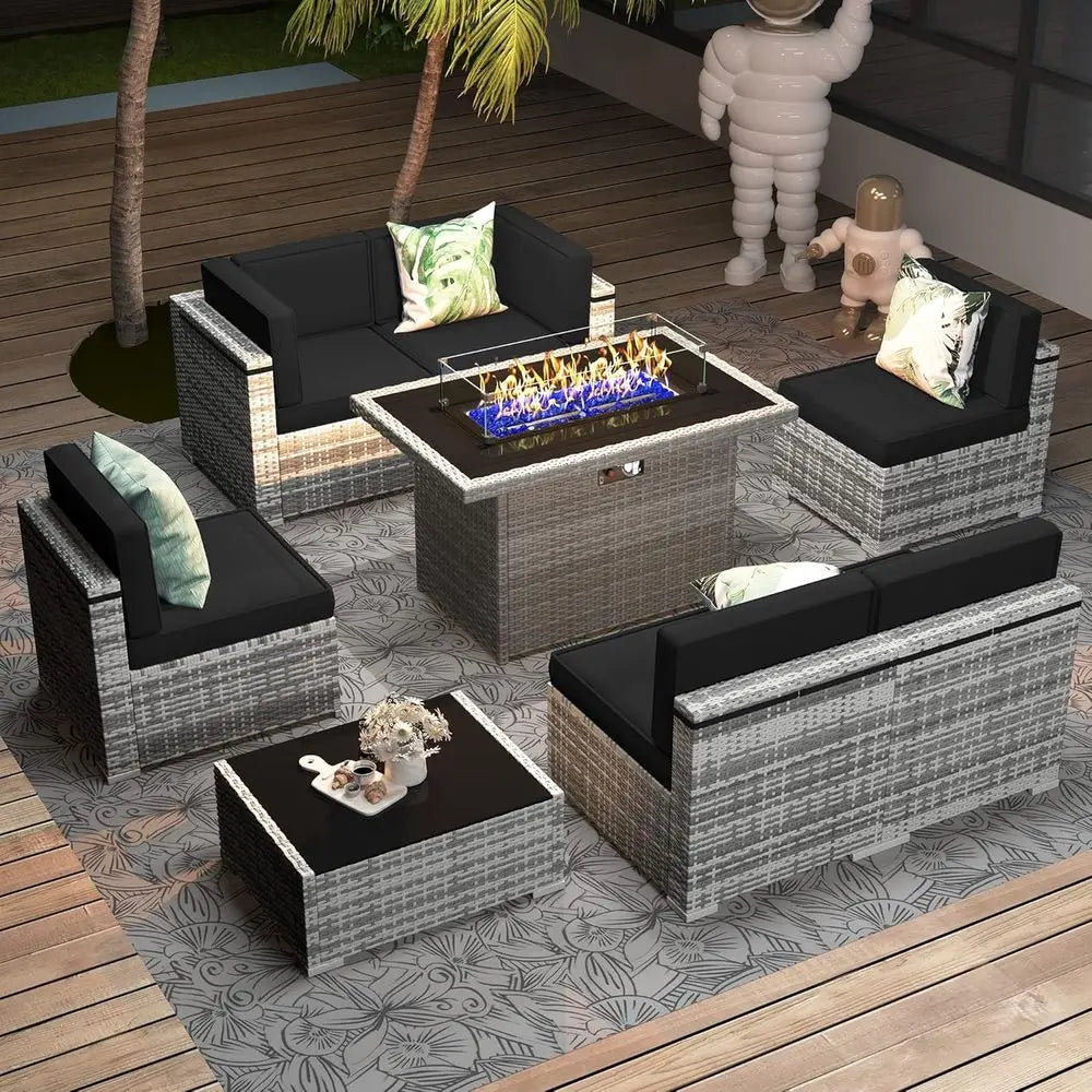 8-Piece Outdoor Wicker Sofa Set with Fire Pit Table