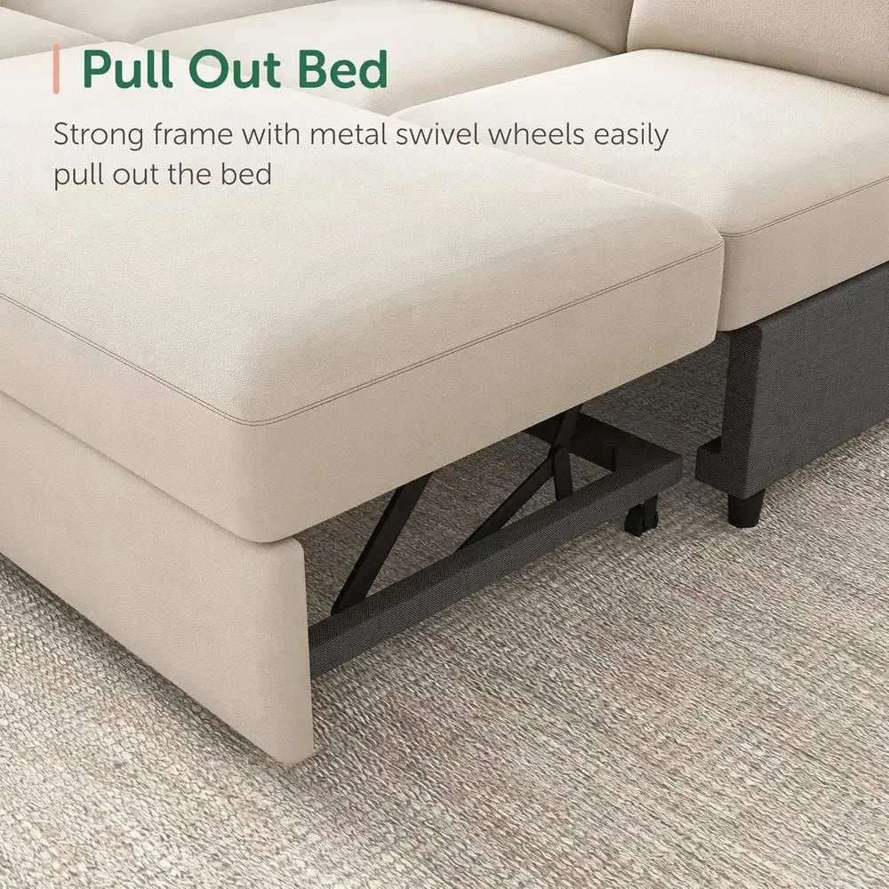 Beige Velvet Sectional Sofa With Pull-Out Bed
