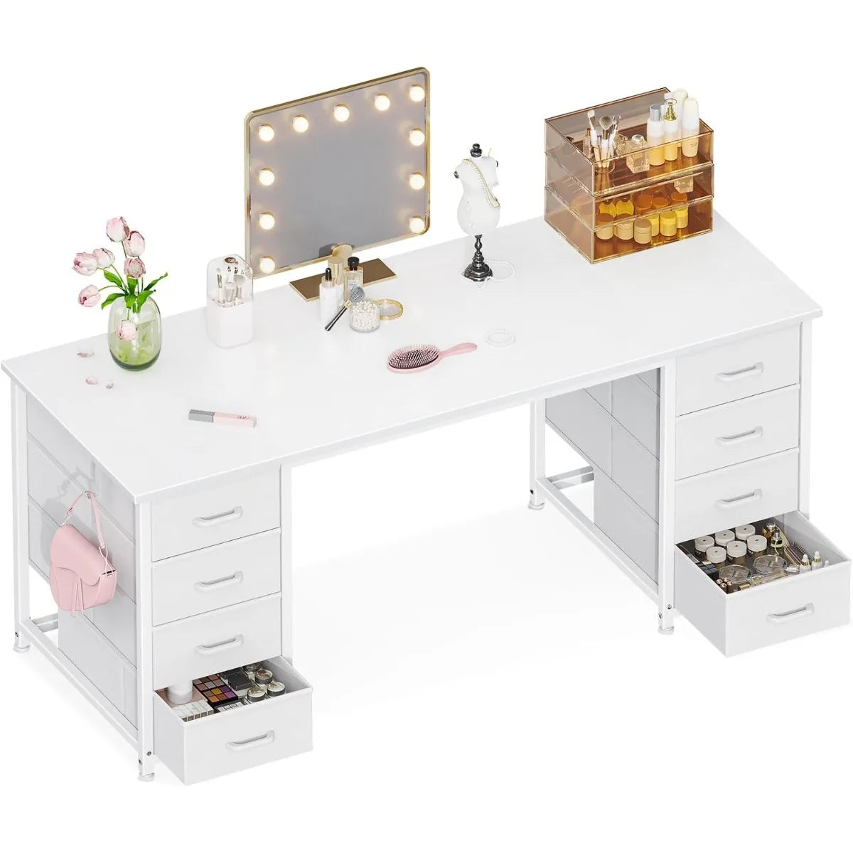 48 Inch White Computer Desk With 8 Drawers