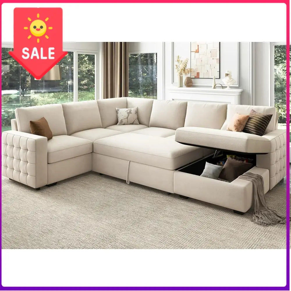 Beige Velvet Sectional Sofa With Pull-Out Bed