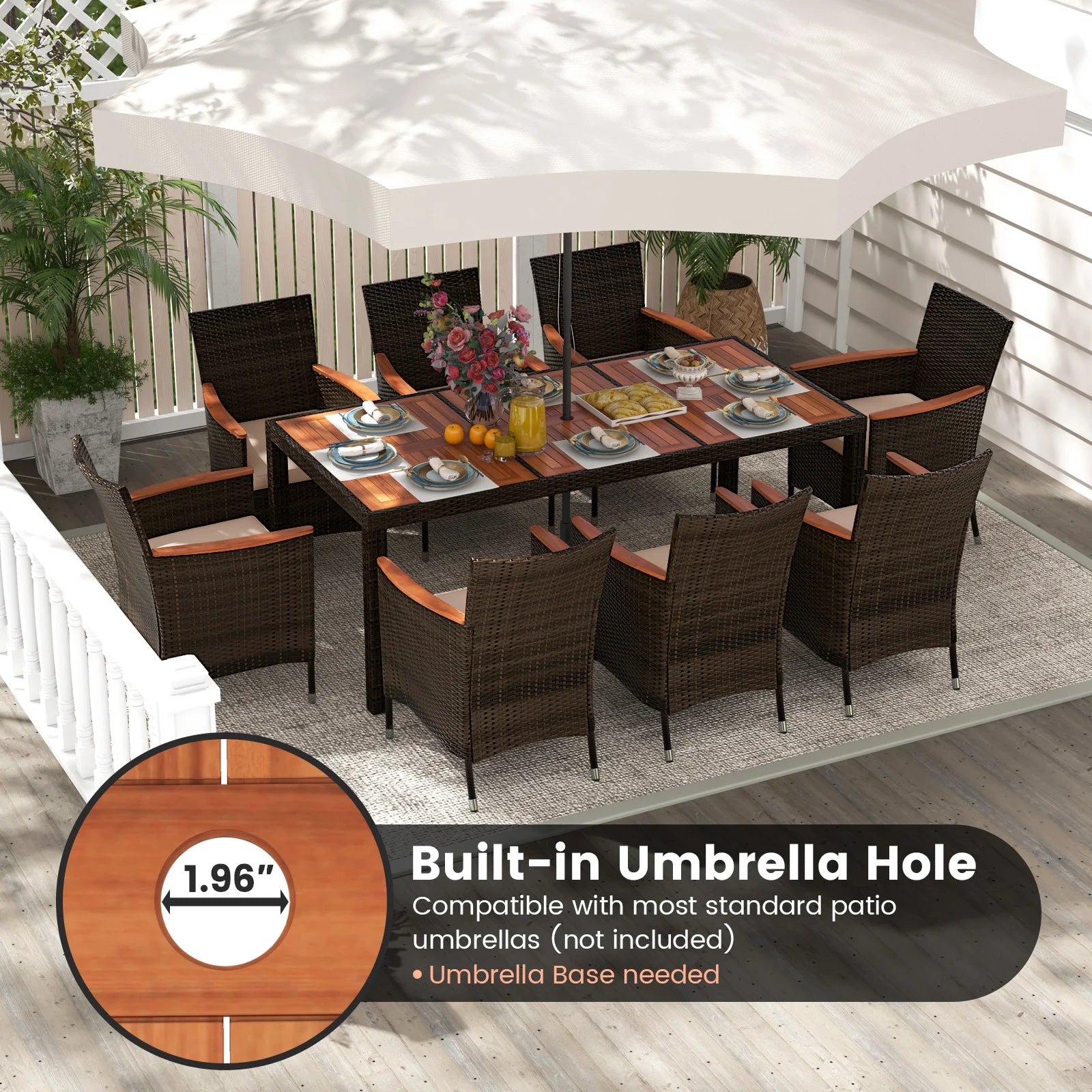 9PC Patio Wicker Dining Set Acacia Wood Table Top