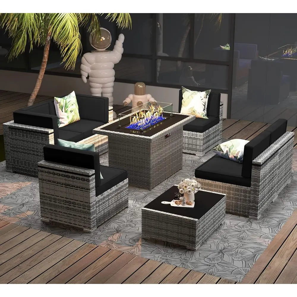 8-Piece Outdoor Wicker Sofa Set with Fire Pit Table