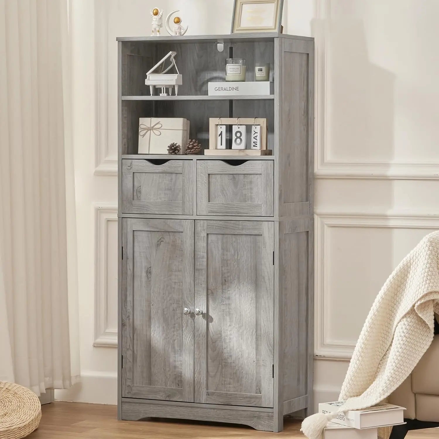 Tall Grey Storage Cabinet with 2 Drawers