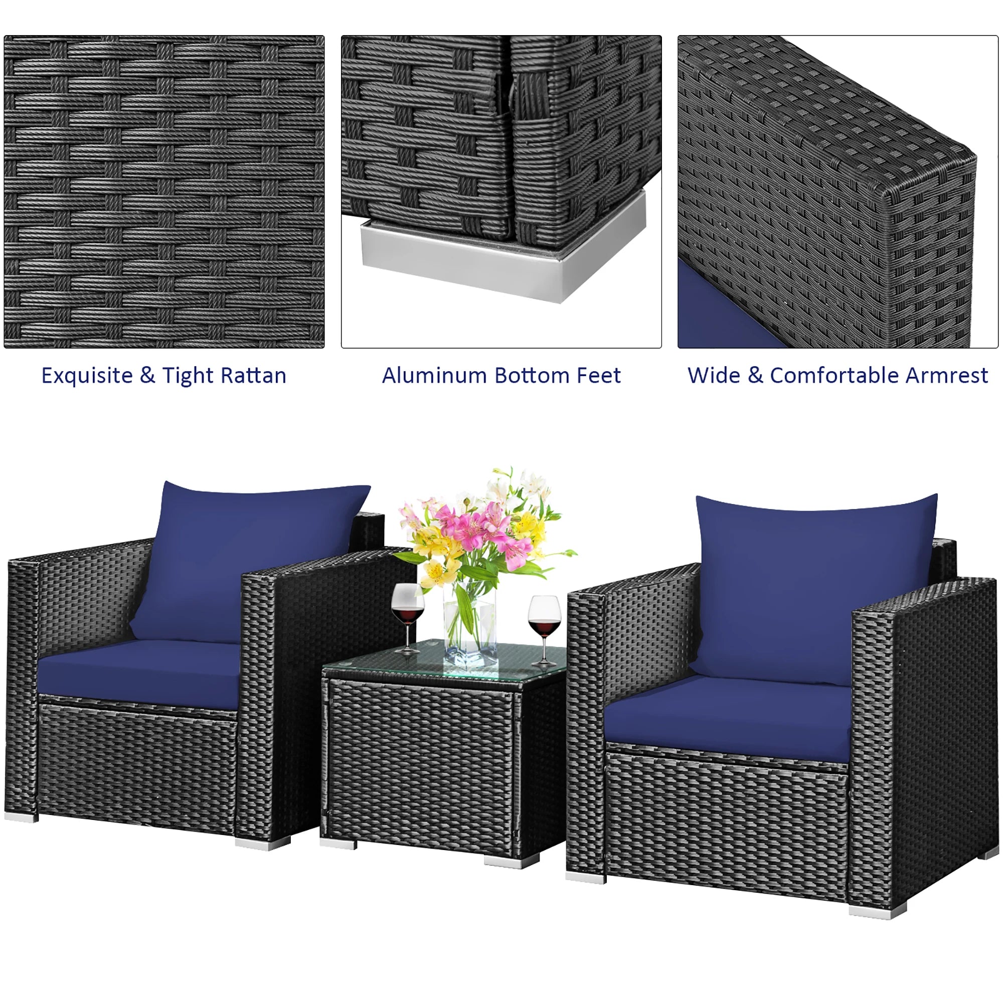 3 PC Patio Rattan Wicker Furniture Set
