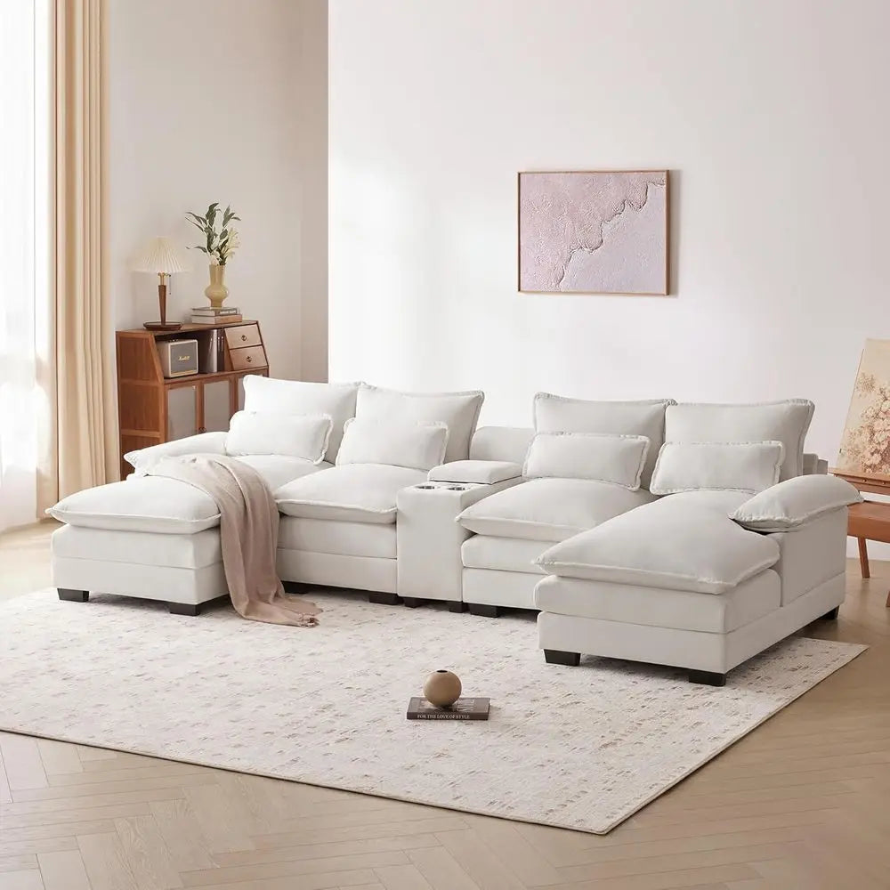 6-Seat U-Shaped Sofa With Cup Holders