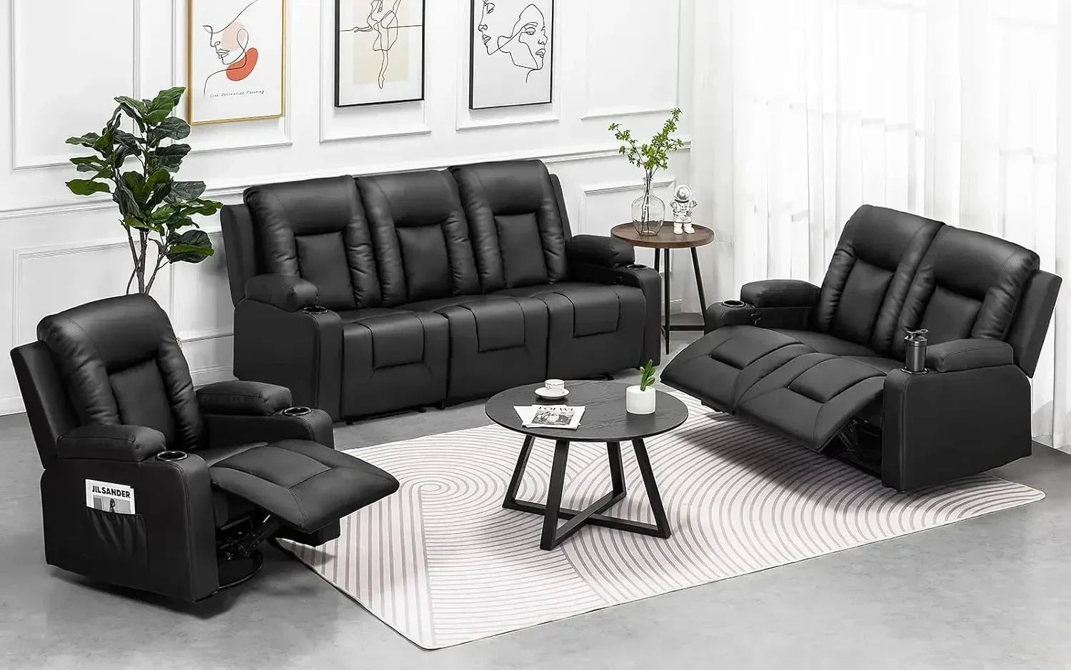 Leather Recliner Chair Set, Black