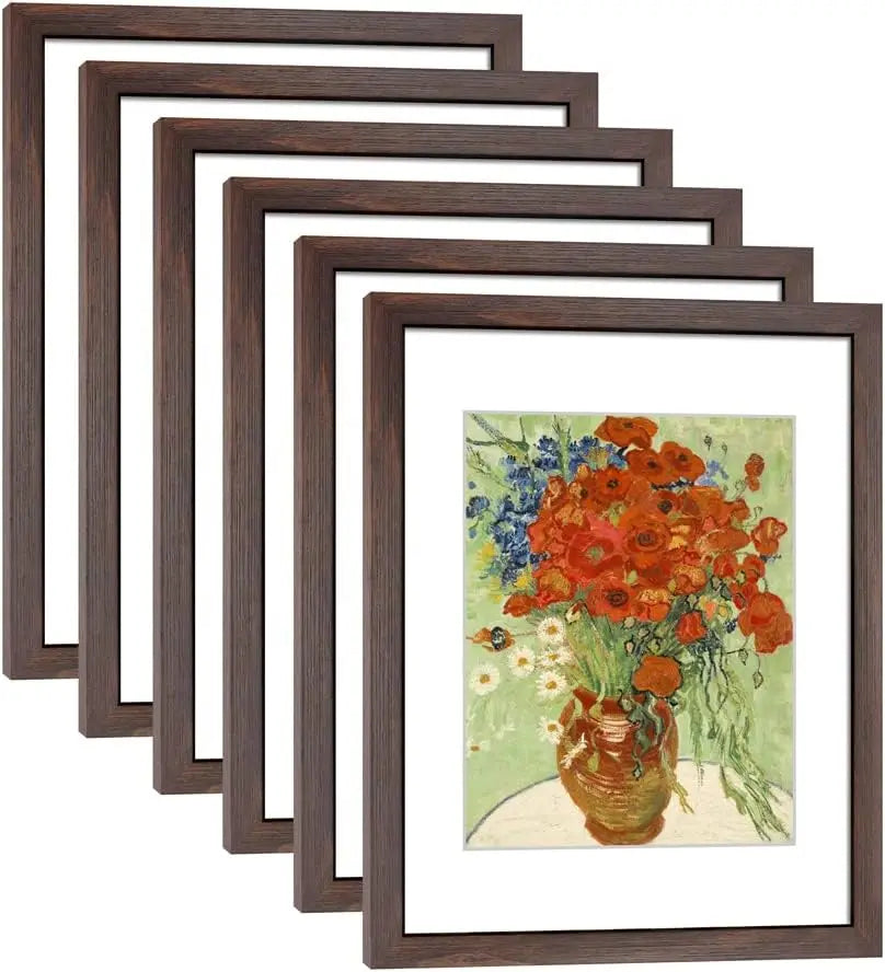 Set of 6 Walnut Photo Frames for 8x10 or 11x14 Pictures, Wall and Tabletop Display