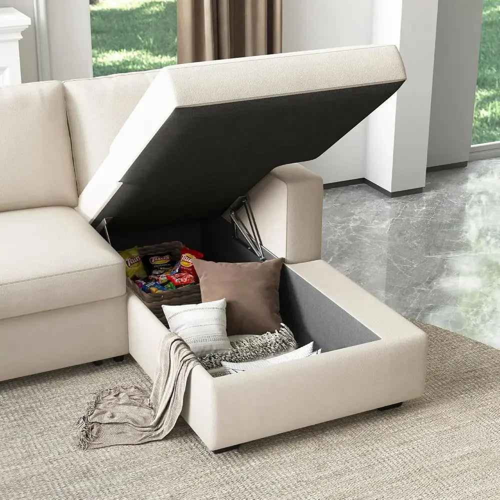 Beige Velvet Sectional Sofa With Pull-Out Bed
