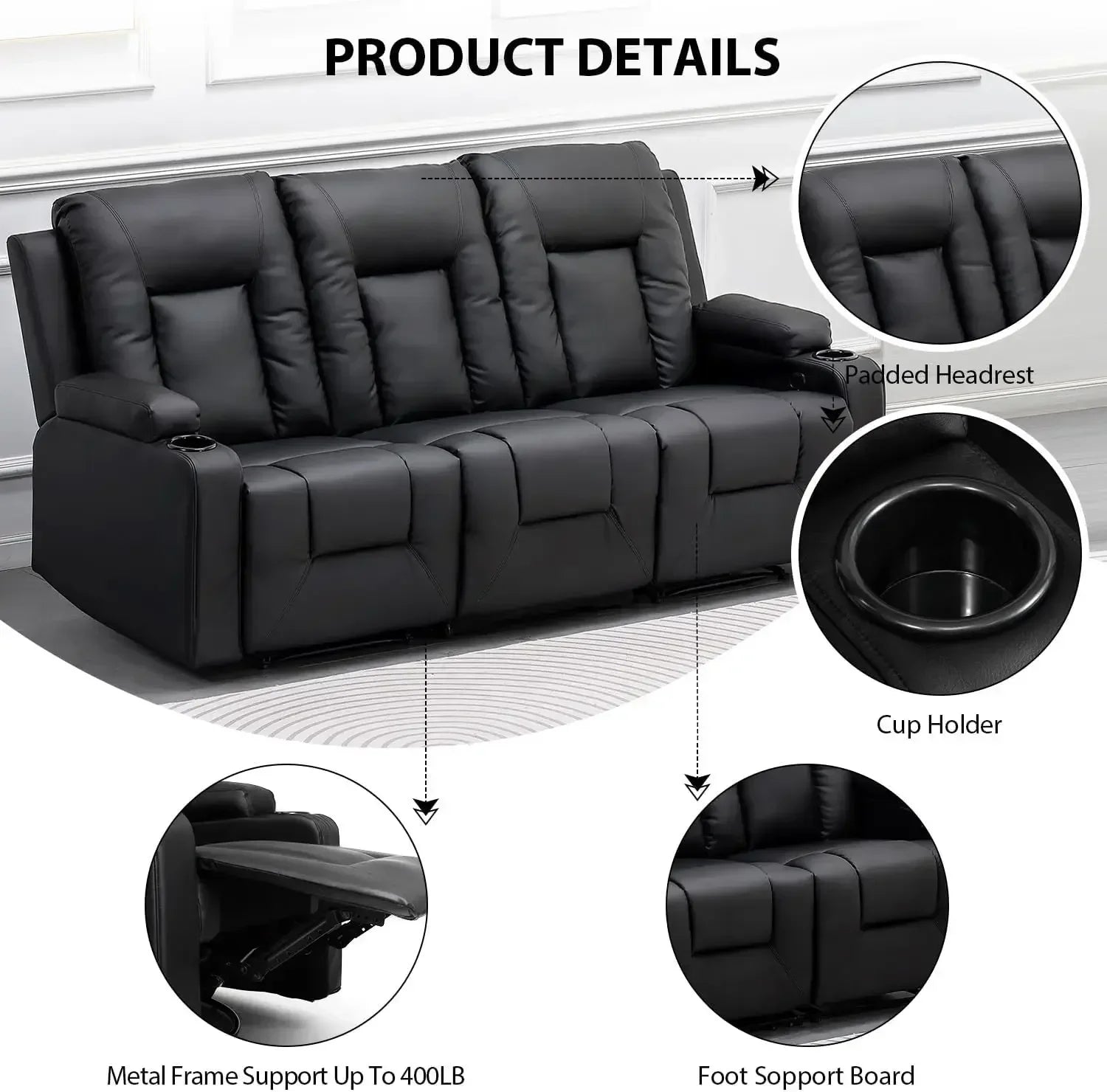 Leather Recliner Chair Set, Black