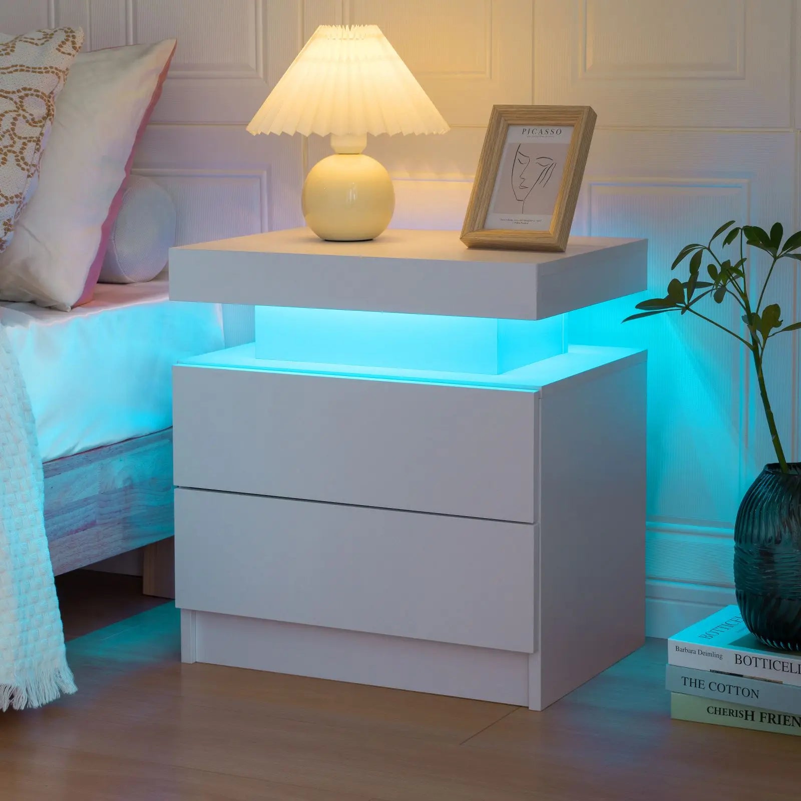 LED Nightstands With 2 Drawers, End Table