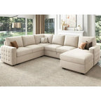 Beige Velvet Sectional Sofa With Pull-Out Bed