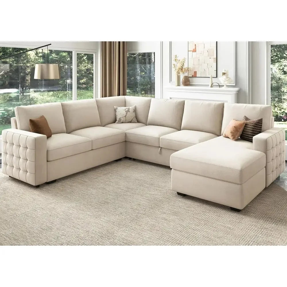 Beige Velvet Sectional Sofa With Pull-Out Bed